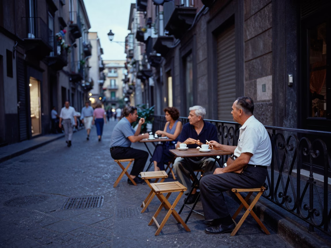 Naples Italy Evening Street Scene with Folding Stools and Local Life in in Naples, Italy
