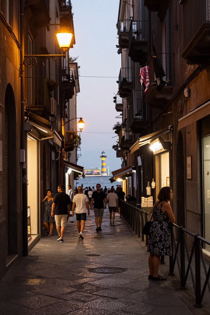 Naples Italy Evening Street Scene with Handkerchief and Harbor Beacon View in in Naples, Italy