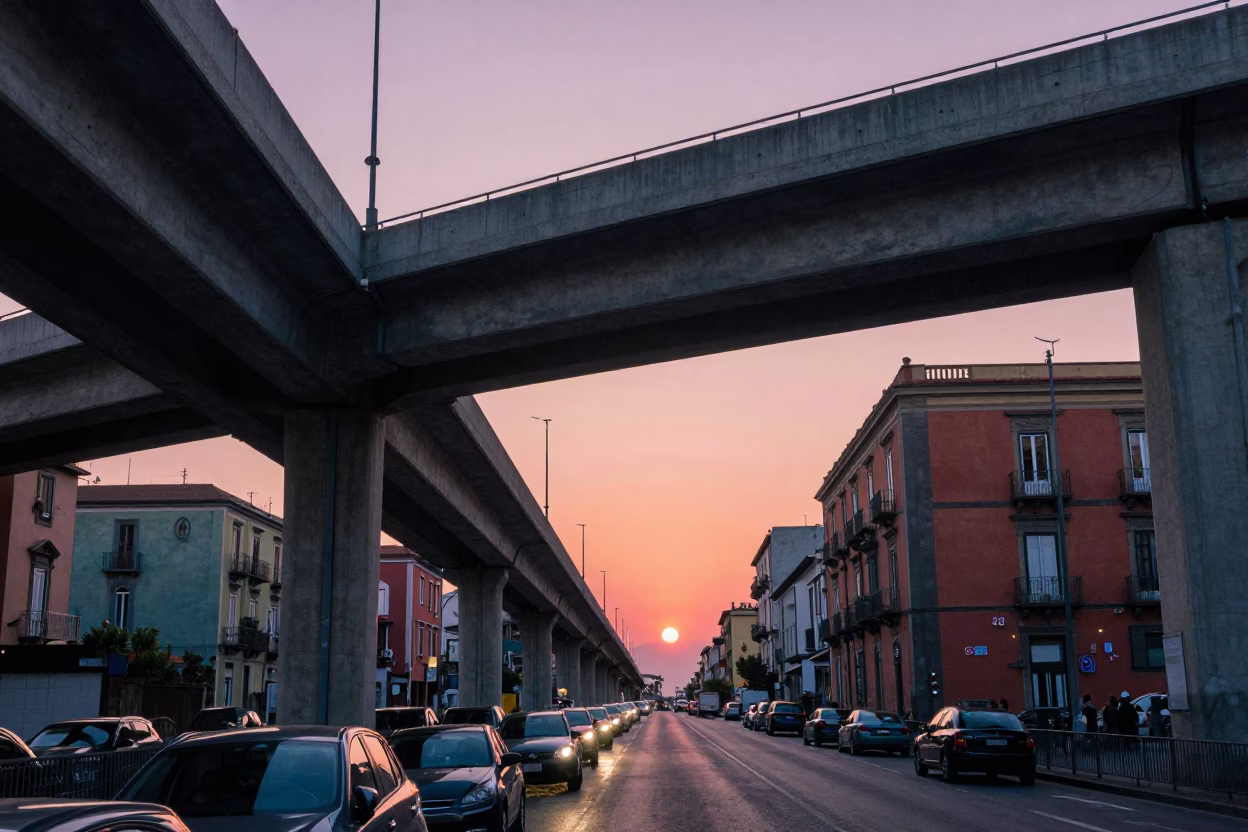 Naples Italy evening street scene with highway flyover and colorful sunset sky in in Naples, Italy