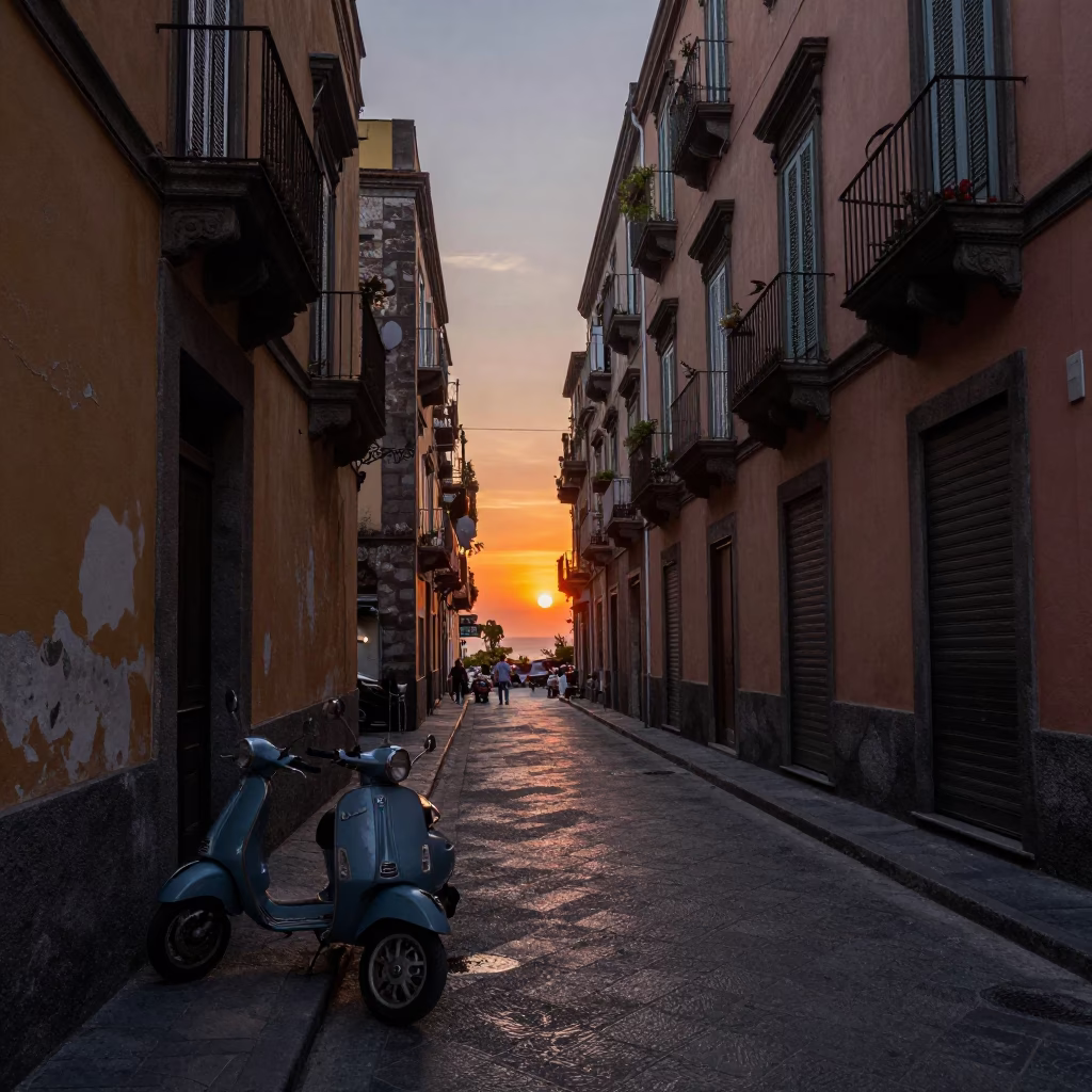 Naples Italy Evening Street Scene with Historic Architecture and Local Life in in Naples, Italy