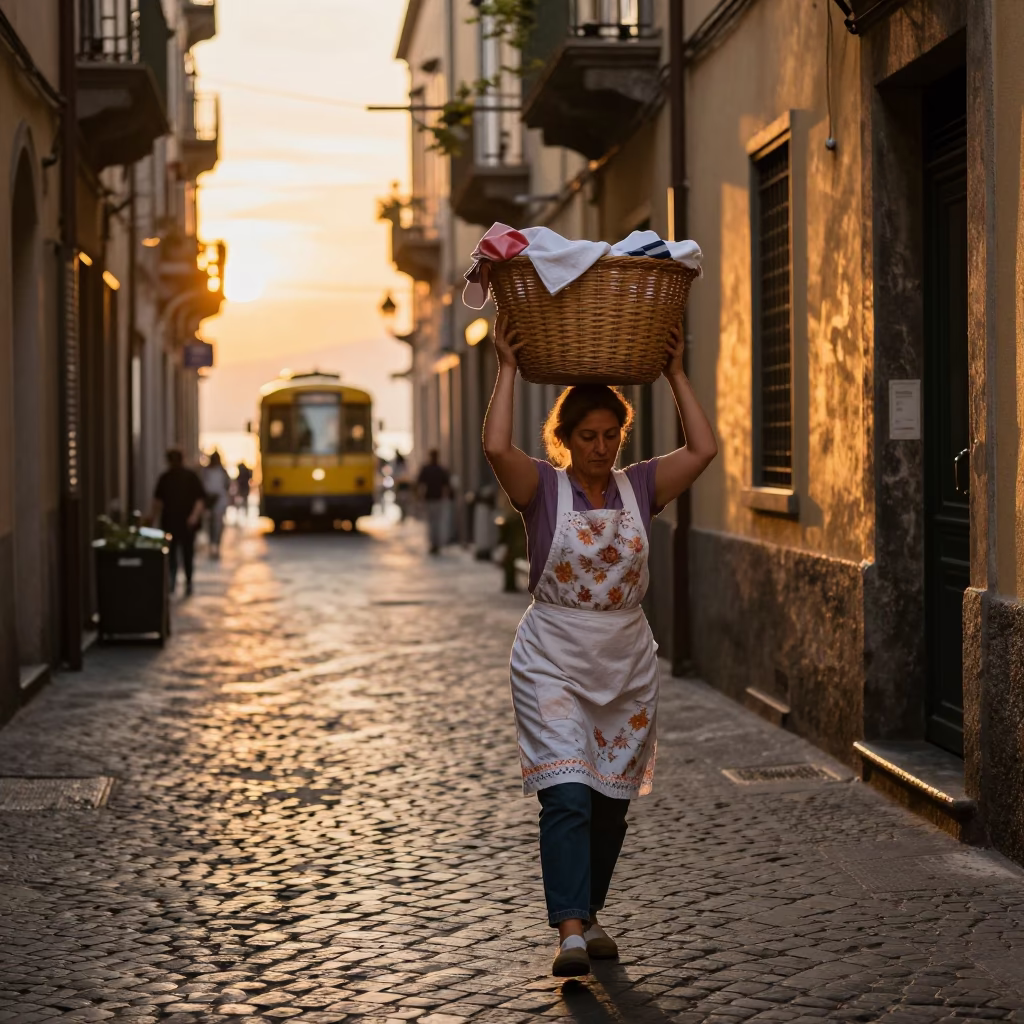 Naples Italy Evening Street Scene with Laundry Basket and Metro Art in in Naples, Italy