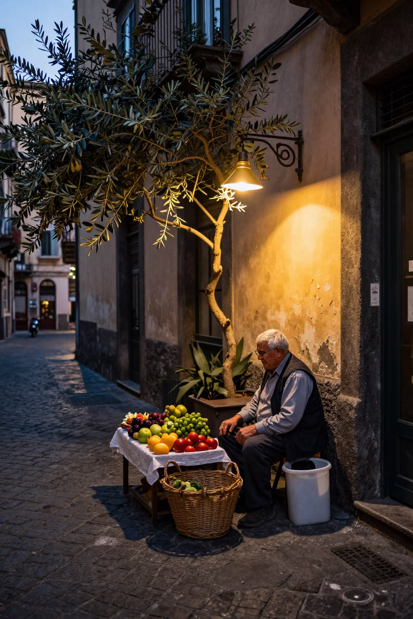 Naples Italy Evening Street Scene with Olive Branch and Table Lamp in in Naples, Italy