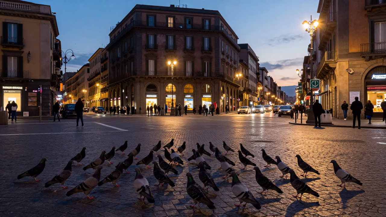 Naples Italy Evening Street Scene with Pigeons and City Lights Glowing in in Naples, Italy