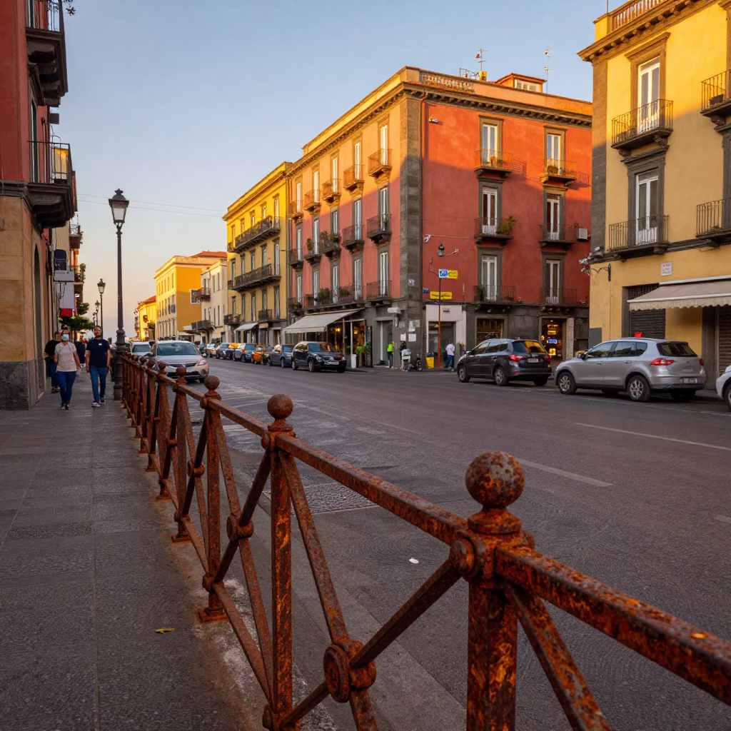 Naples Italy Evening Street Scene with Rusting Rail and Local Interaction in in Naples, Italy