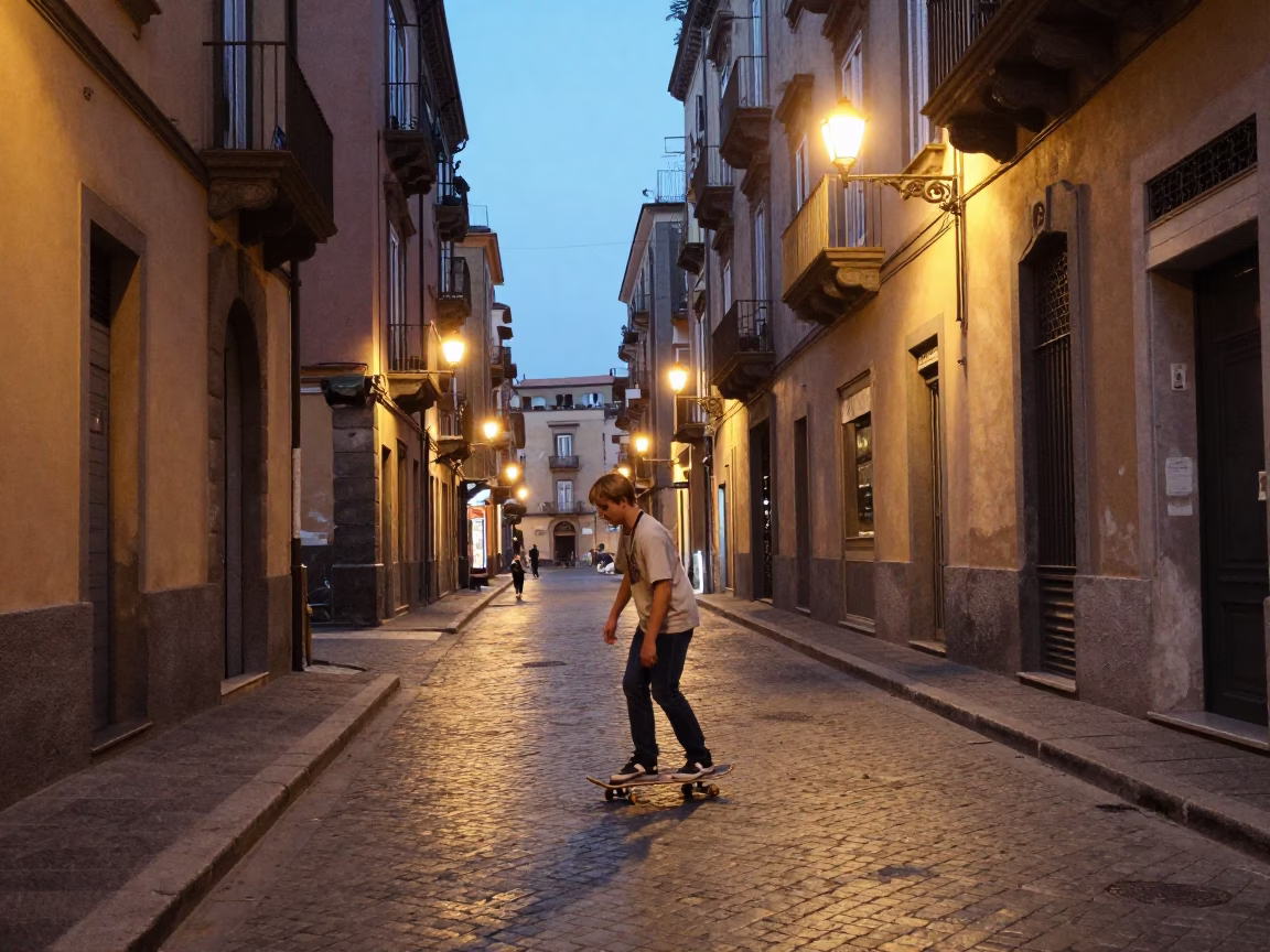 Naples Italy evening street scene with skateboarder and local architecture in in Naples, Italy