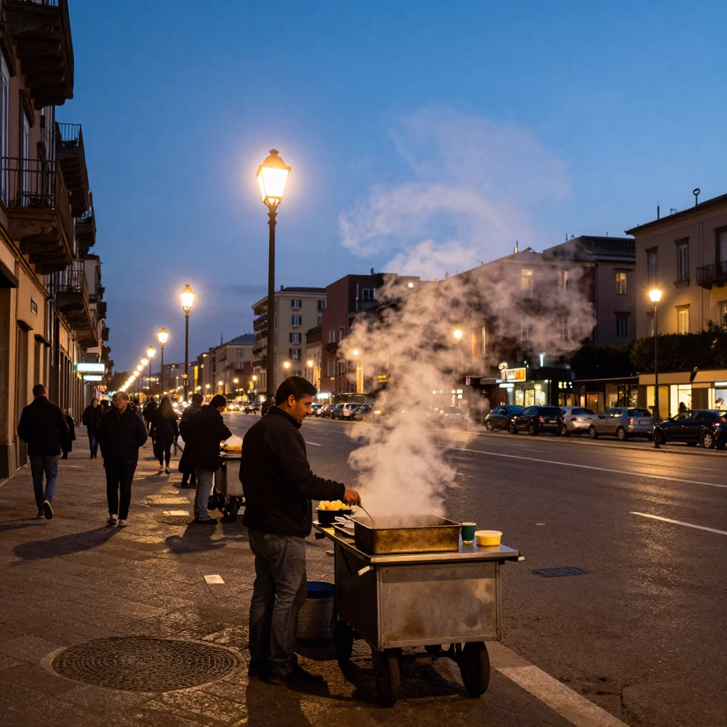 Naples Italy evening street scene with steam and city lights in in Naples, Italy