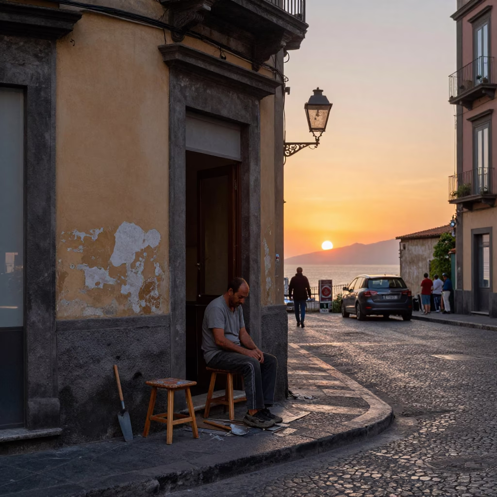 Naples Italy Evening Street Scene with Stool and Trowel Near Historic Architecture in in Naples, Italy