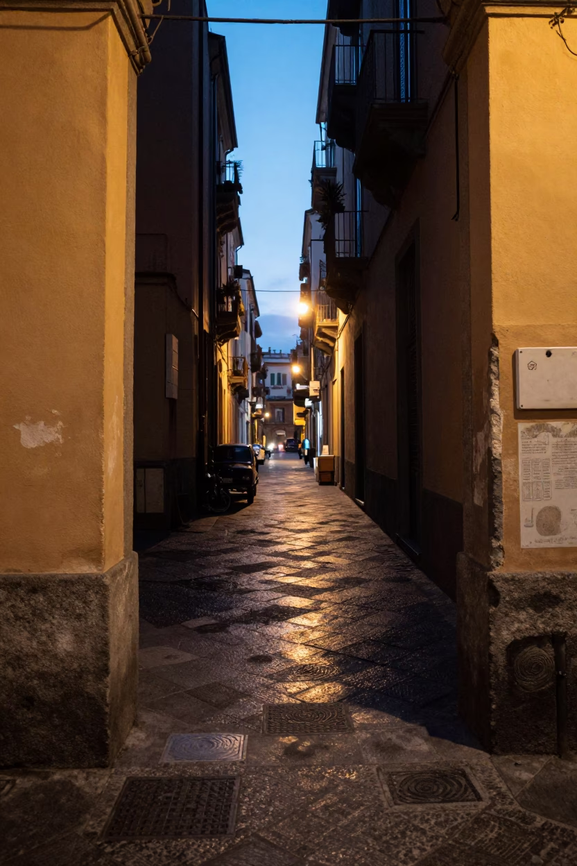 Naples Italy Evening Street Scene with Sunlight Stripes and Fingerprinted Window Glass in in Naples, Italy