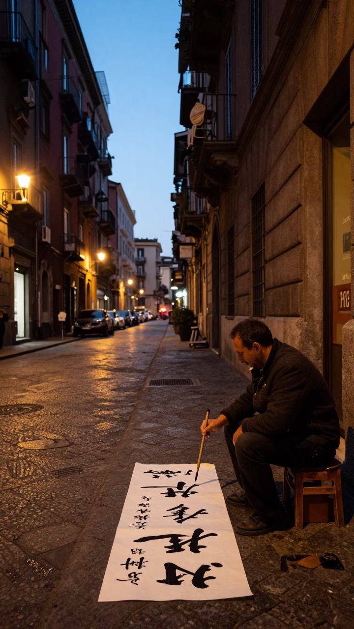 Naples Italy Evening Street Scene with Traditional Calligraphy Demonstration and City Lights in in Naples, Italy