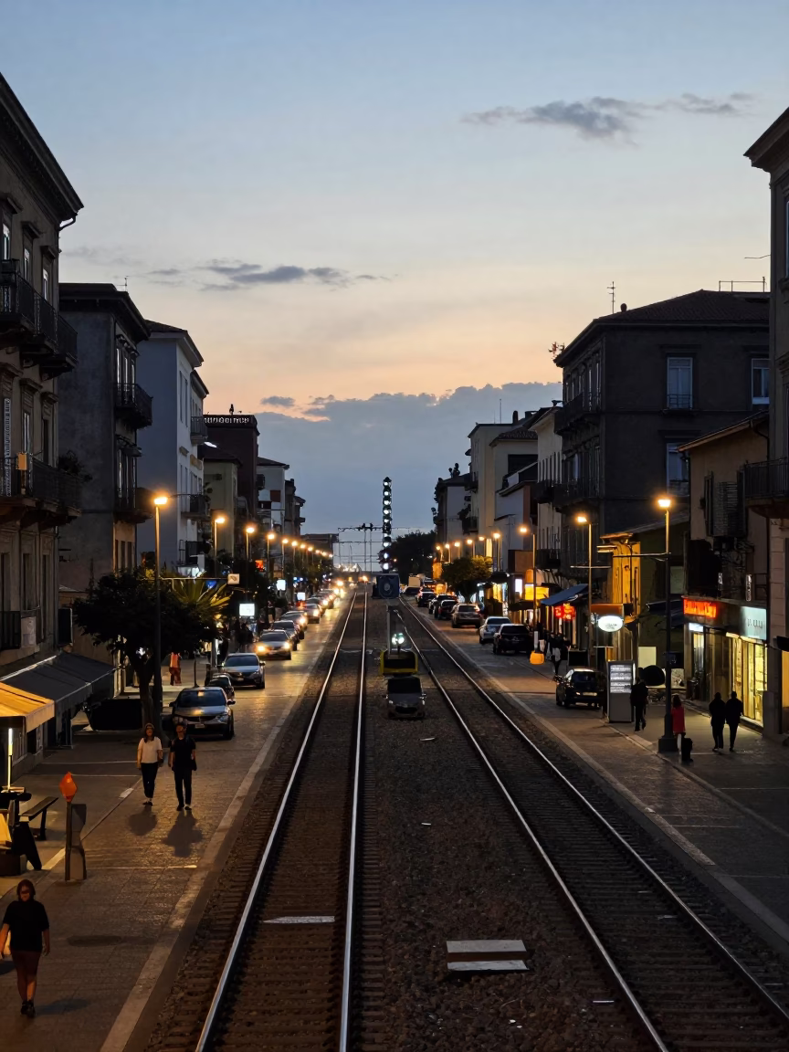 Naples Italy Evening Street Scene with Train Tracks and Urban Life in in Naples, Italy