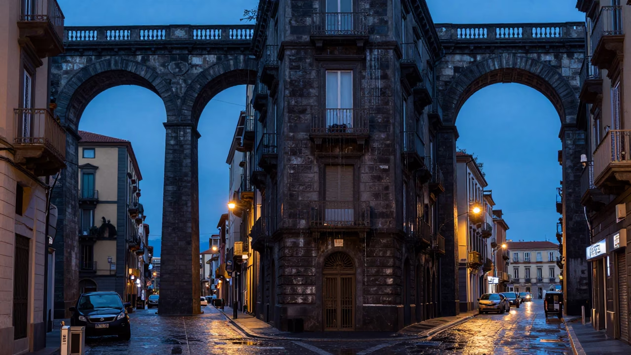 Naples Italy Evening Street Scene with Viaduct Arch and Dripping Stone Undercroft in in Naples, Italy