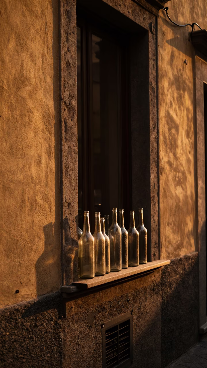 Naples Italy Evening Street Scene with Vintage Glass Bottles and Historic Architecture in in Naples, Italy