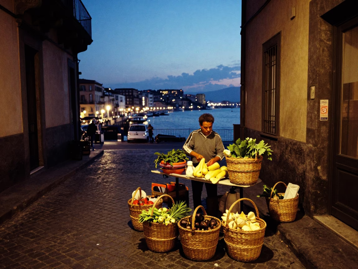 Naples Italy Evening Street Scene with Woven Baskets and Canal Barge in in Naples, Italy