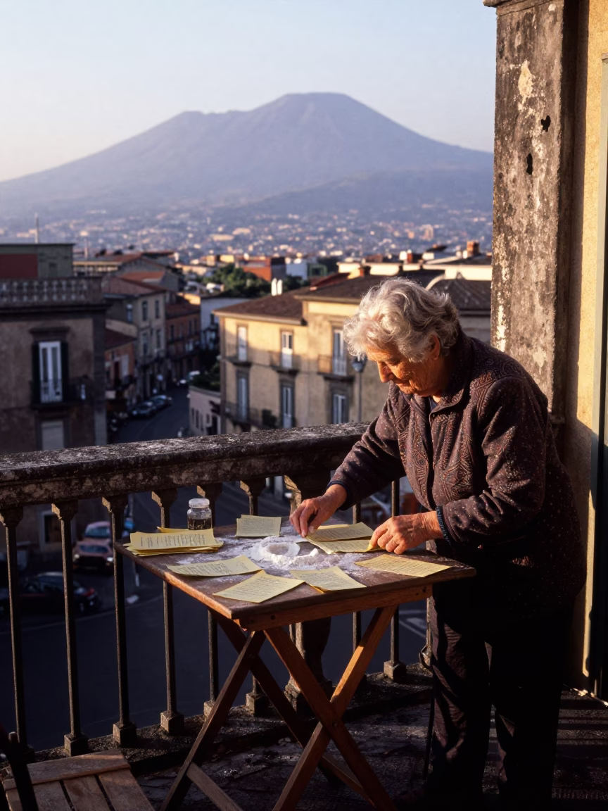 Naples Italy First Light Street Scene with Recipe Cards and Tailor Shears in in Naples, Italy