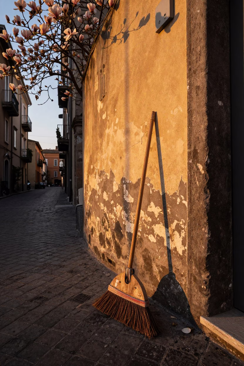 Naples Italy Golden Hour Street Scene with Broom and Magnolia Bloom in in Naples, Italy