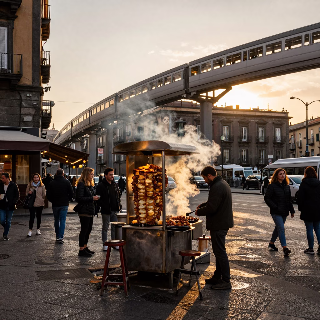 Naples Italy Golden Hour Street Scene with Kebab Grill and Monorail in in Naples, Italy