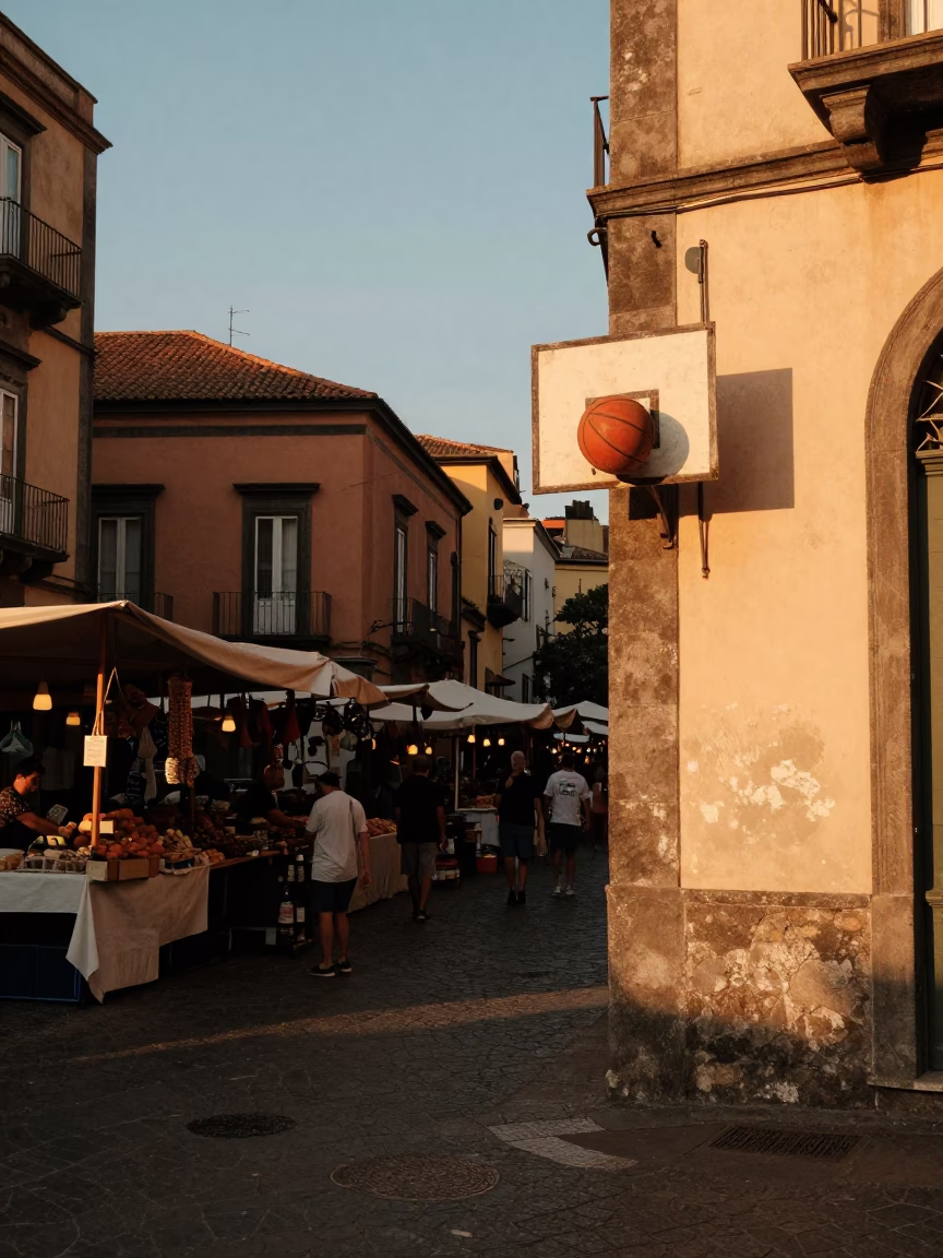 Naples Italy Golden Hour Street Scene with Old Leather Basketball and Market Lanterns in in Naples, Italy
