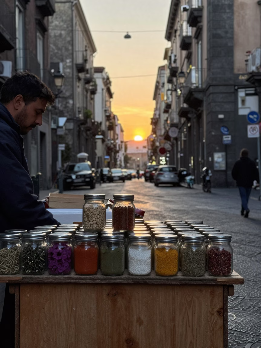 Naples Italy Golden Hour Street Scene with Spice Jars and Sweet Pea Trellis in in Naples, Italy