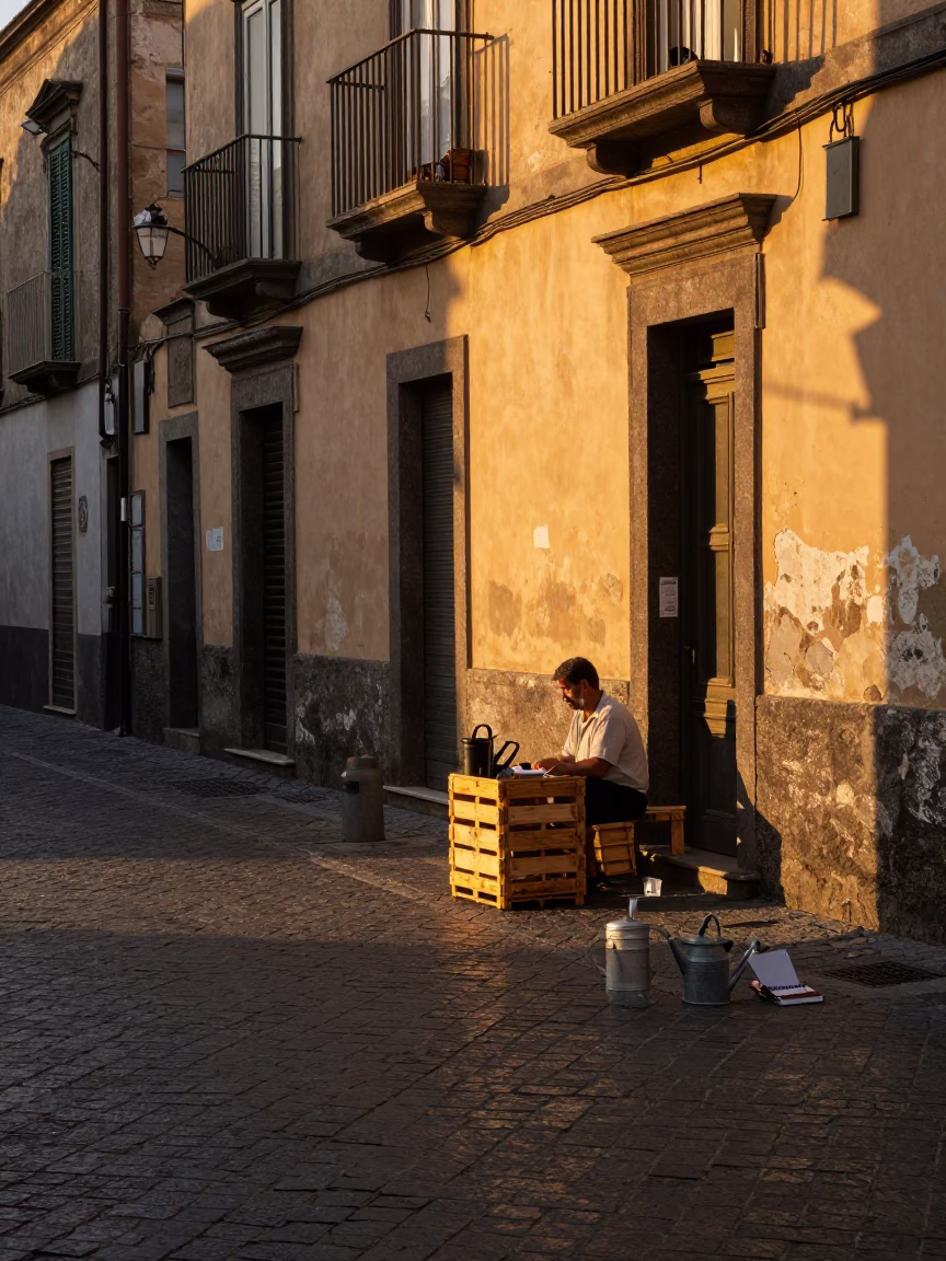 Naples Italy Golden Hour Street Scene with Watering Jug and Notebook in in Naples, Italy