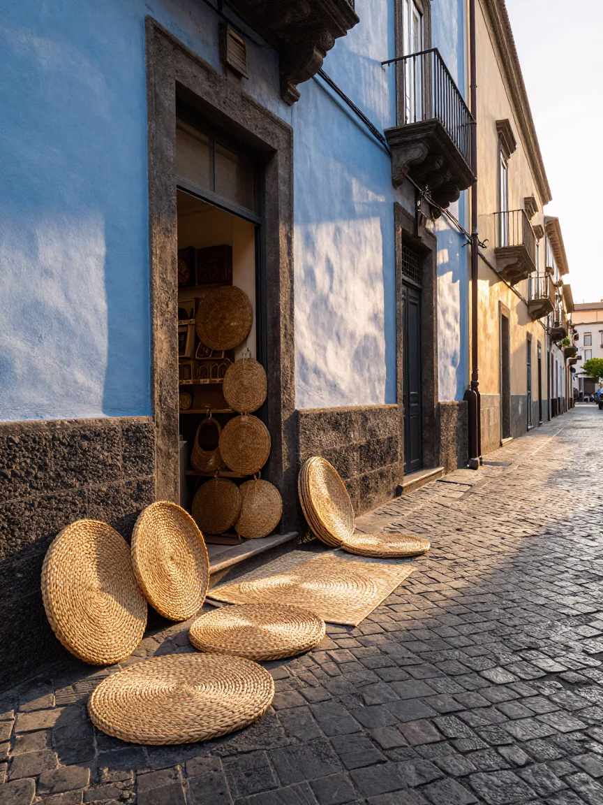 Naples Italy Golden Hour Street Scene with Woven Mats and Blue White Porcelain in in Naples, Italy