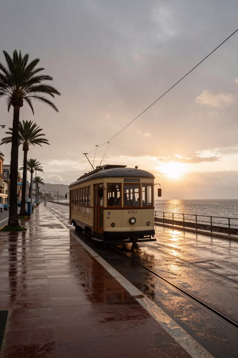 Naples Italy Heritage Tram on Rain Swept Coastal Promenade at Sunset in in Naples, Italy