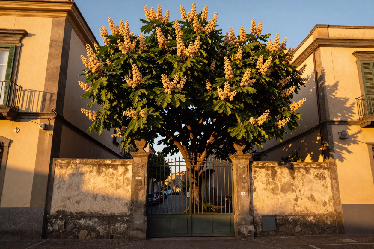 Naples Italy Honeyed Evening Light Chestnut Tree Garden Gate Street Scene in in Naples, Italy