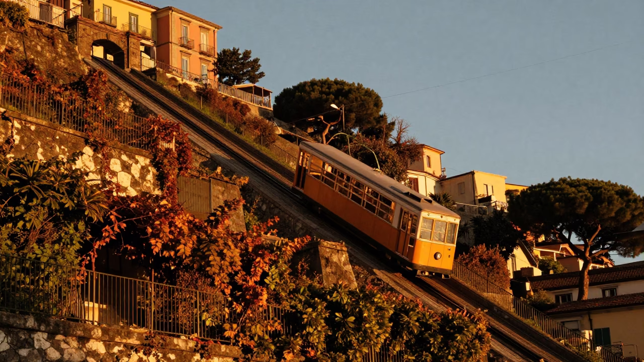 Naples Italy honeyed evening light funicular ascending hill with autumn vines in in Naples, Italy