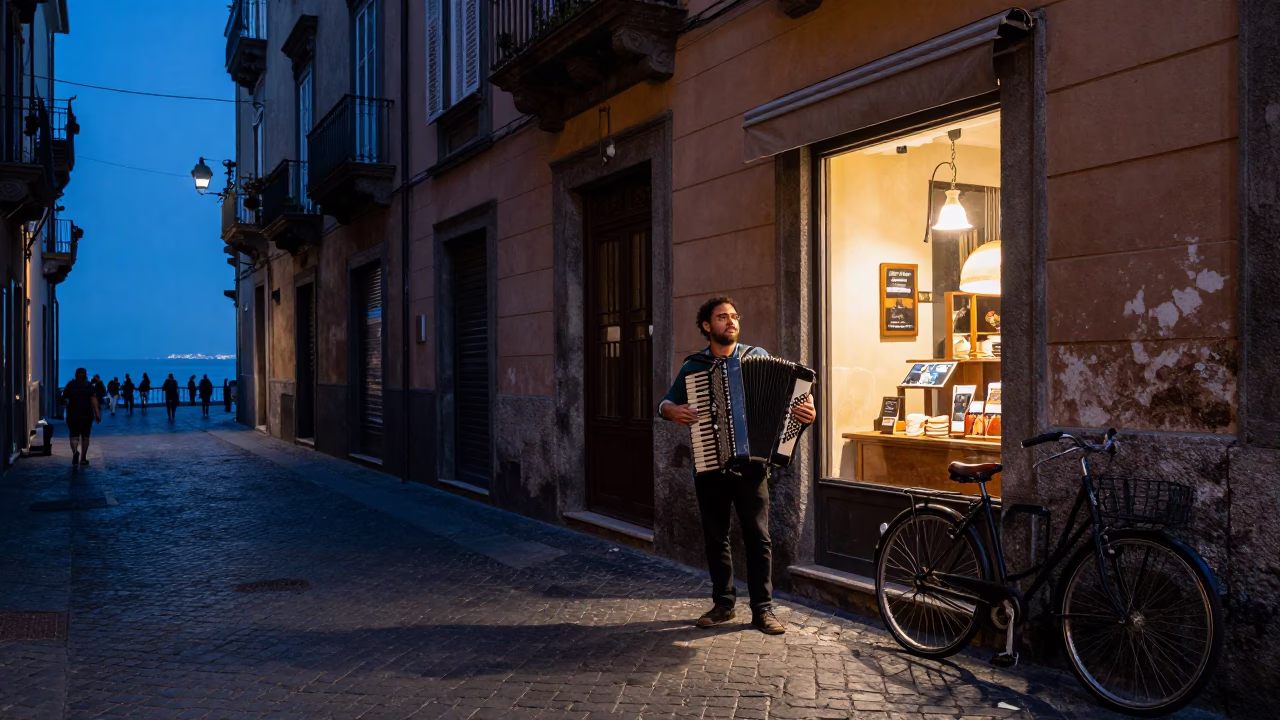 Naples Italy indigo twilight street scene with accordion player and parked bicycle in in Naples, Italy