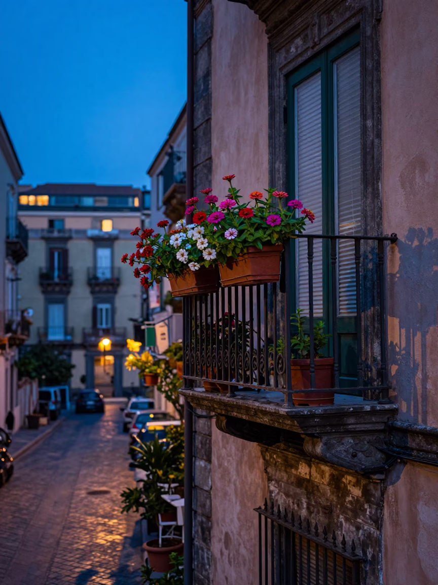 Naples Italy Indigo Twilight Street Scene with Balcony and Zinnias in in Naples, Italy