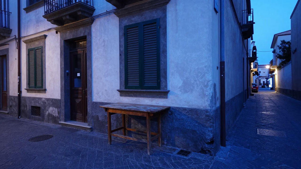 Naples Italy Indigo Twilight Street Scene with Blue and White Porcelain Jar in in Naples, Italy