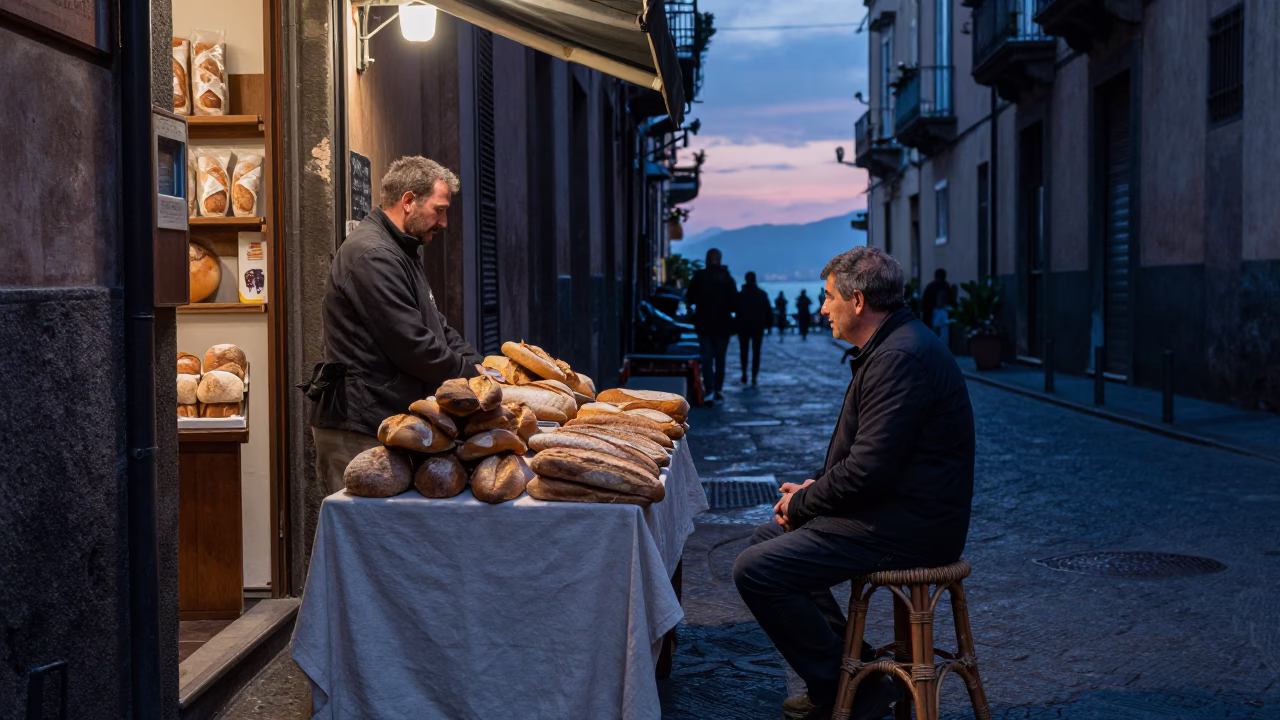 Naples Italy Indigo Twilight Street Scene with Bread and Linen Details in in Naples, Italy