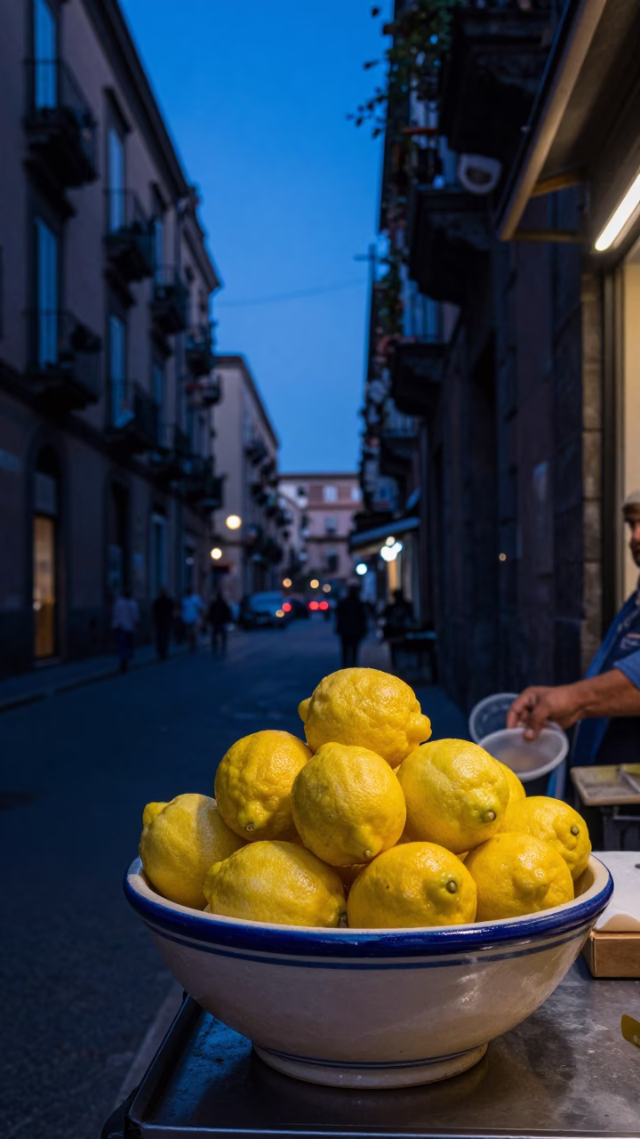 Naples Italy Indigo Twilight Street Scene with Ceramic Bowl and Rusty Lamp Base in in Naples, Italy