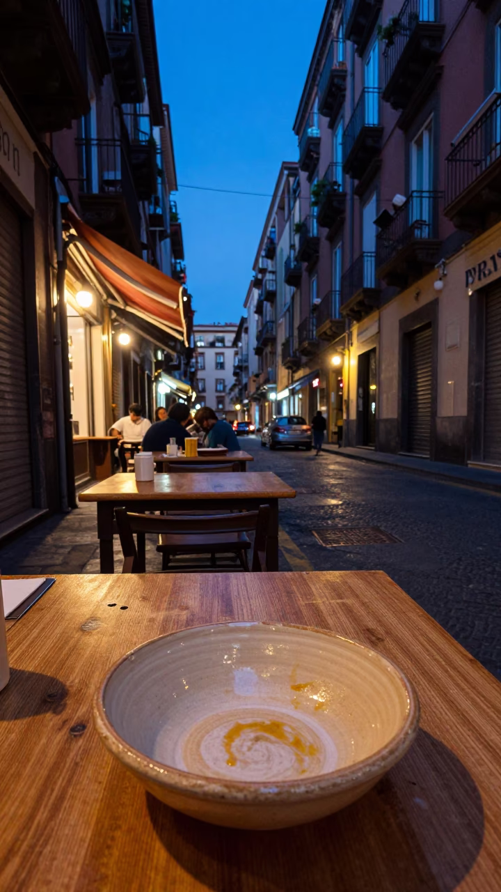 Naples Italy indigo twilight street scene with local dining and traditional elements in in Naples, Italy