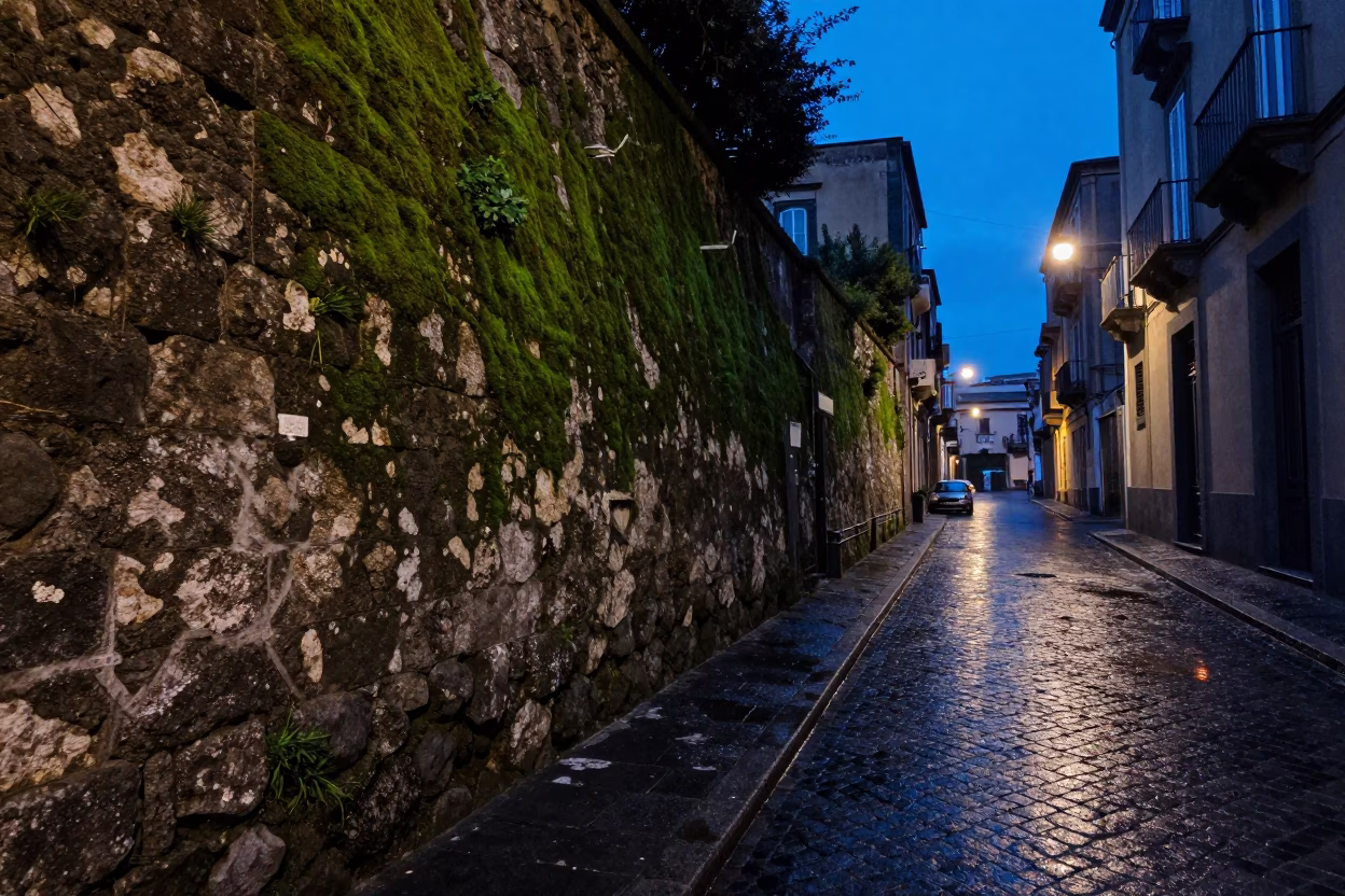 Naples Italy indigo twilight street scene with mossy stone wall and vintage majolica plate in in Naples, Italy