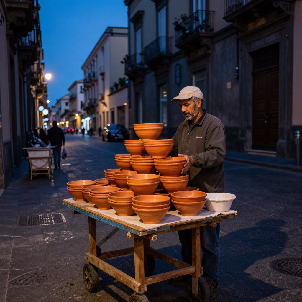 Naples Italy indigo twilight street scene with terracotta bowls and copper tray in in Naples, Italy