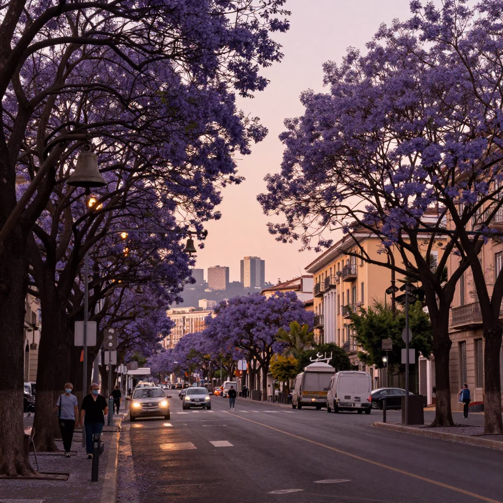 Naples Italy Jacaranda Boulevard Before Dusk with School Bell and Ceramic Bowl in in Naples, Italy