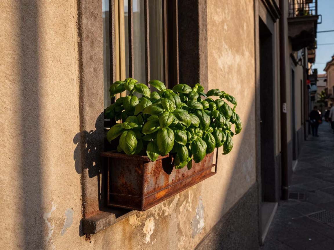 Naples Italy Late Afternoon Street Scene with Basil Leaves and Traditional Balcony Architecture in in Naples, Italy