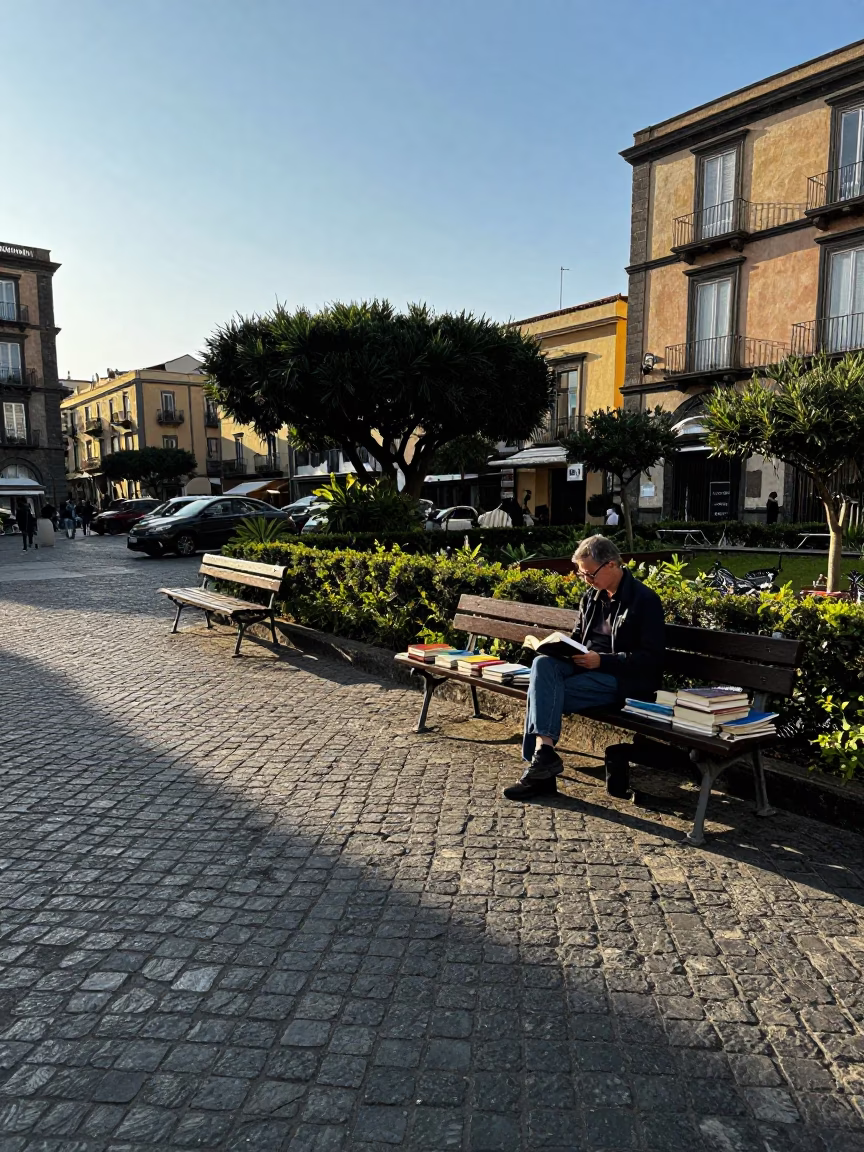 Naples Italy Late Afternoon Street Scene with Books and Garden Benches in in Naples, Italy