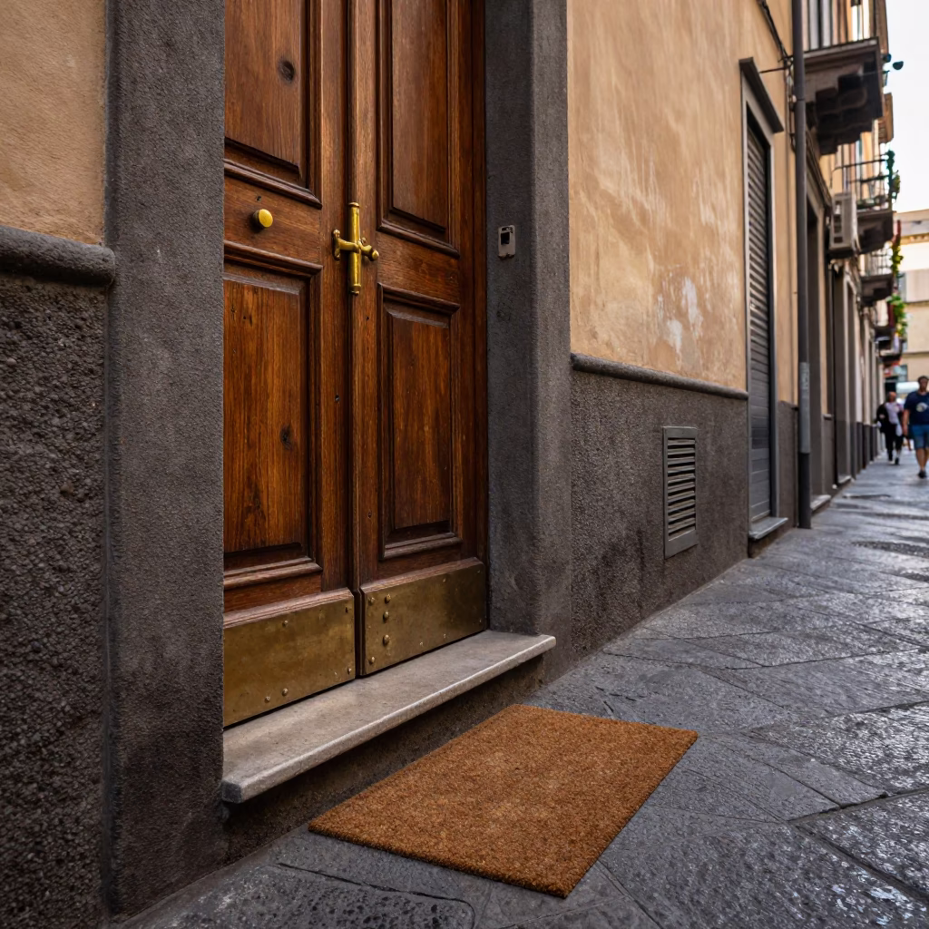 Naples Italy Late Afternoon Street Scene with Doormat and Hinge Details in in Naples, Italy