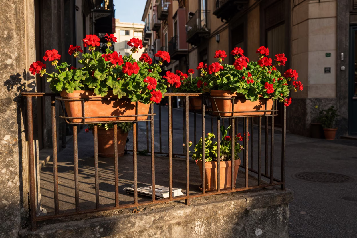 Naples Italy Late Afternoon Street Scene with Geraniums and Metal Stools in in Naples, Italy