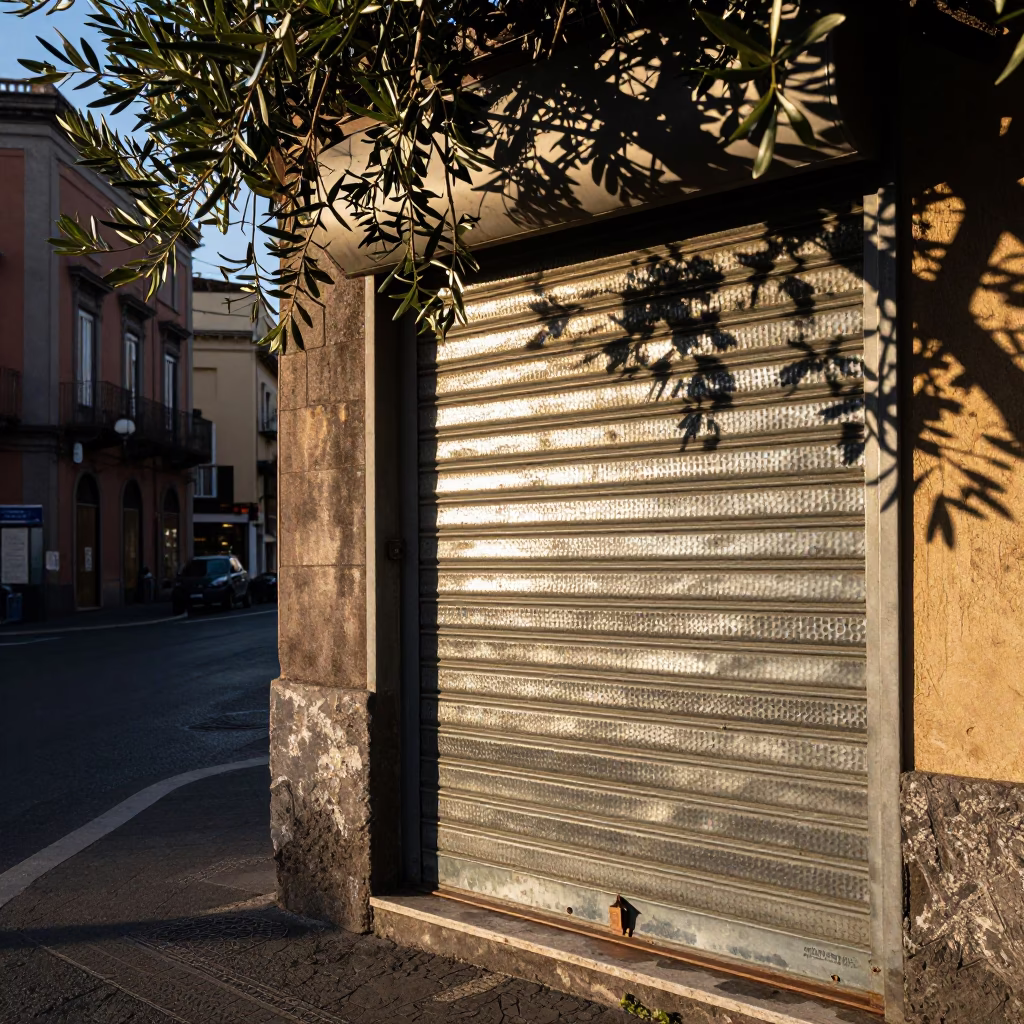 Naples Italy Late Afternoon Street Scene with Hammered Metal and Leaf Shadows in in Naples, Italy