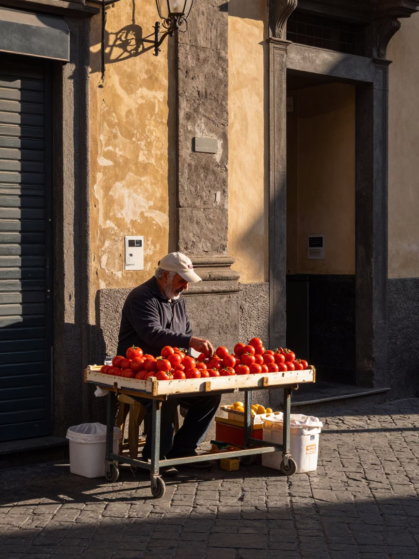 Naples Italy Late Afternoon Street Scene with Local Vendor and Colorful Produce in in Naples, Italy