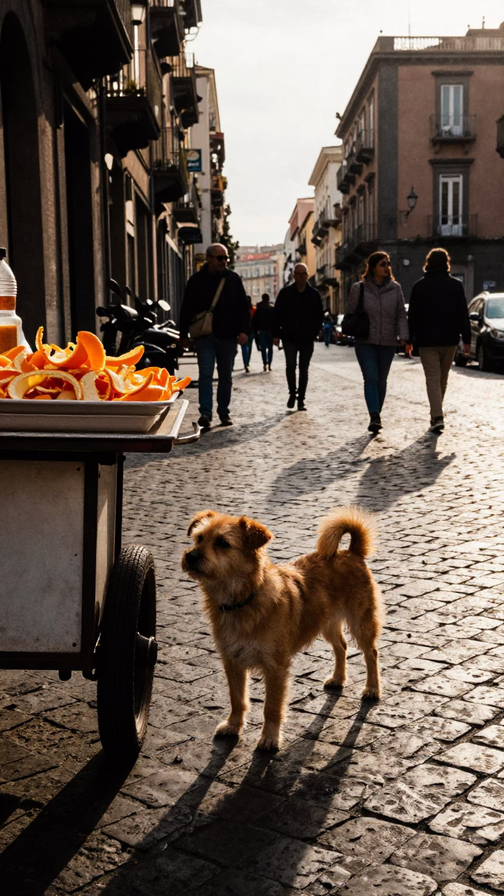 Naples Italy Late Afternoon Street Scene with Small Dog and Orange Peel in in Naples, Italy
