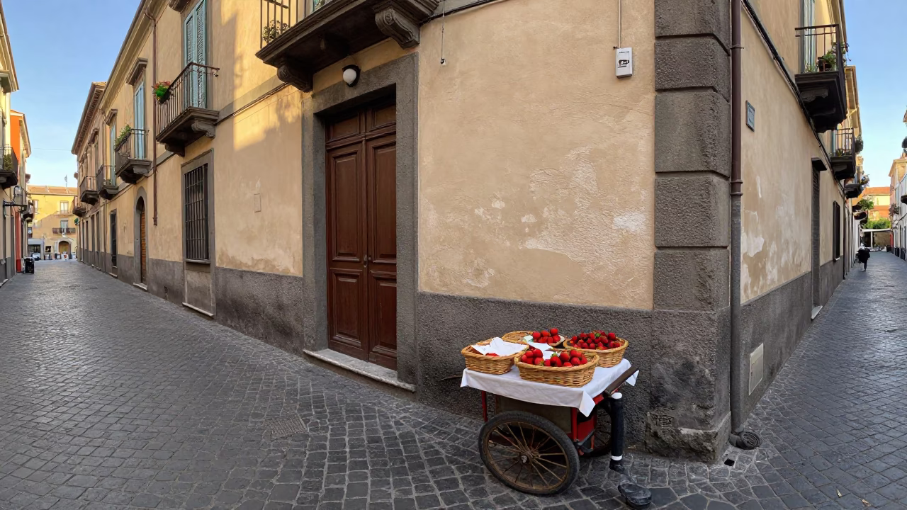 Naples Italy Late Afternoon Street Scene with Strawberries and Wicker Shadow in in Naples, Italy