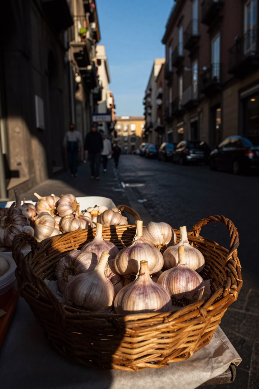Naples Italy late afternoon street scene with wicker shadow and garlic bulbs in in Naples, Italy