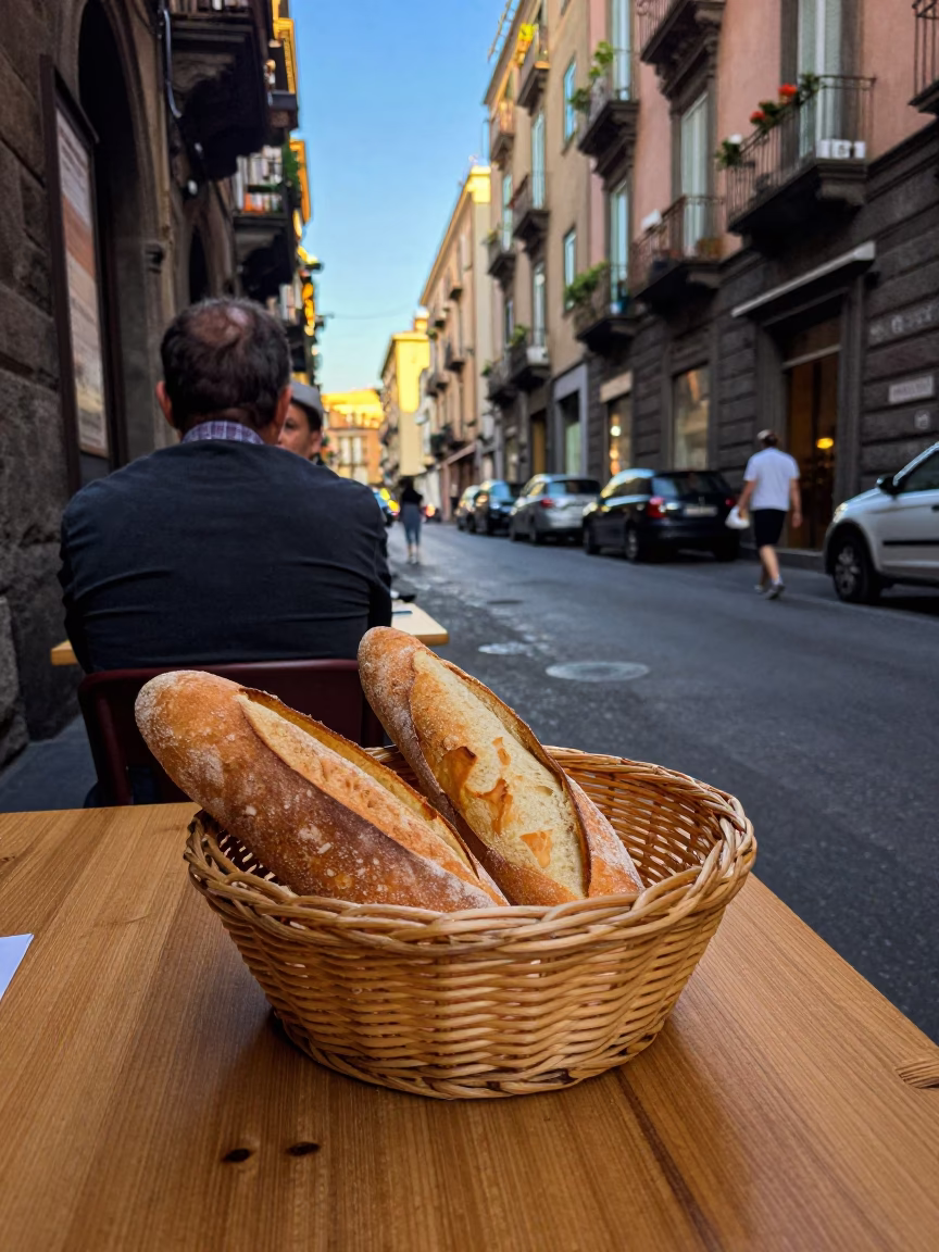 Naples Italy Late Afternoon Street Scene with Woven Bread Basket and Glass Tumbler in in Naples, Italy