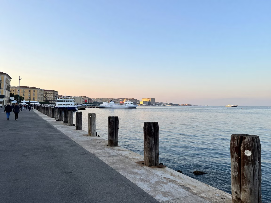 Naples Italy Late Morning Street Scene with Ferry Ramp Piling System and Urban Life in in Naples, Italy