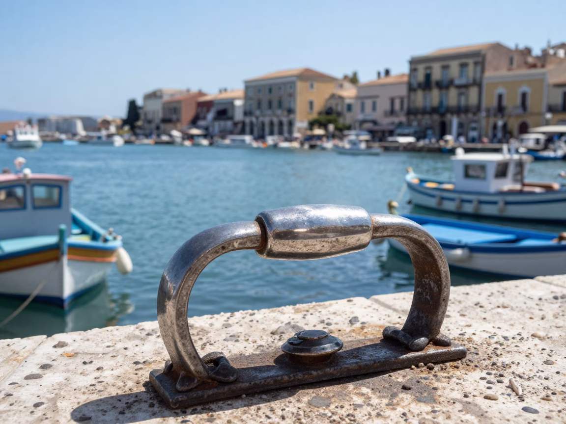 Naples Italy Midmorning Sunlight Reflecting on Metal Handle at Historic Harbor in in Naples, Italy