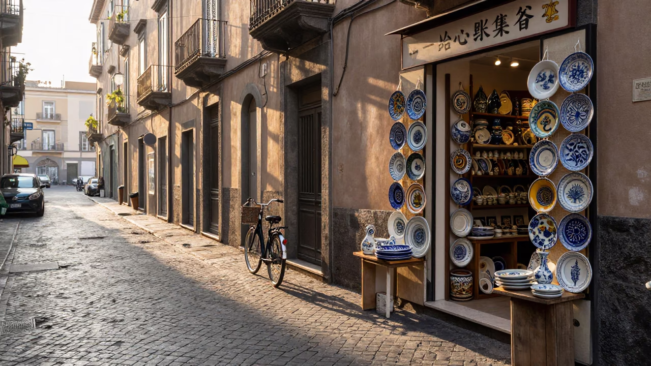 Naples Italy Morning Street Scene with Bicycle and Ceramic Shop Window in in Naples, Italy