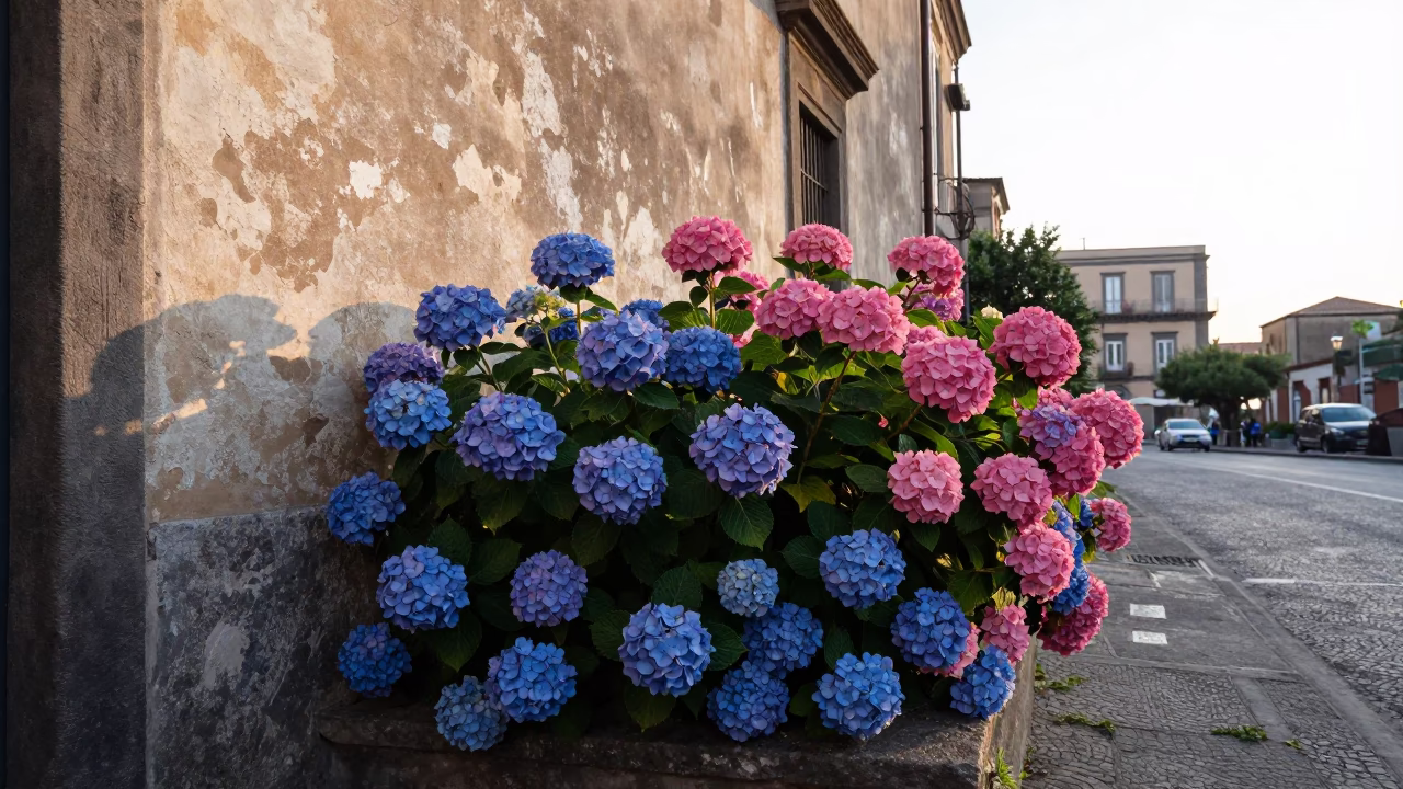 Naples Italy Morning Street Scene with Blue Hydrangeas and Distant Harbor View in in Naples, Italy